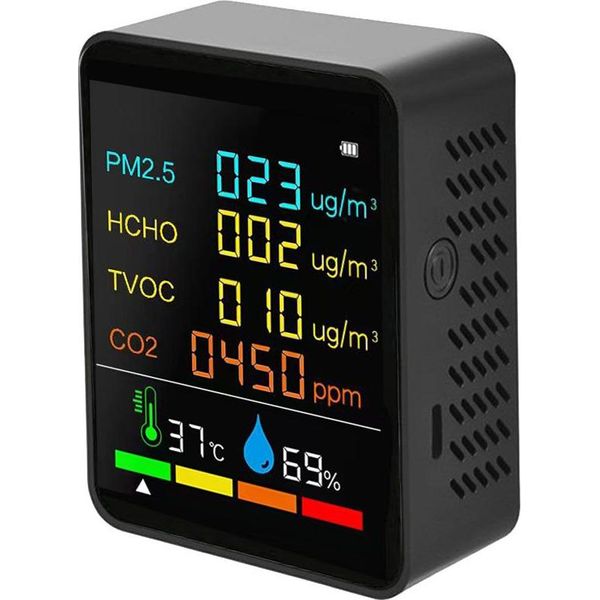 Rivelatore Di Qualità Dell'aria Domestica Tester Multifunzionale Di CO2 Con Anidride Carbonica PM2,5 Tvoc Hcho Valore Elettricità Quantità Temperatura Umidità Display Lcd Retroilluminato A Colori Autocalibrazione Con Funzione Di Allarme-image