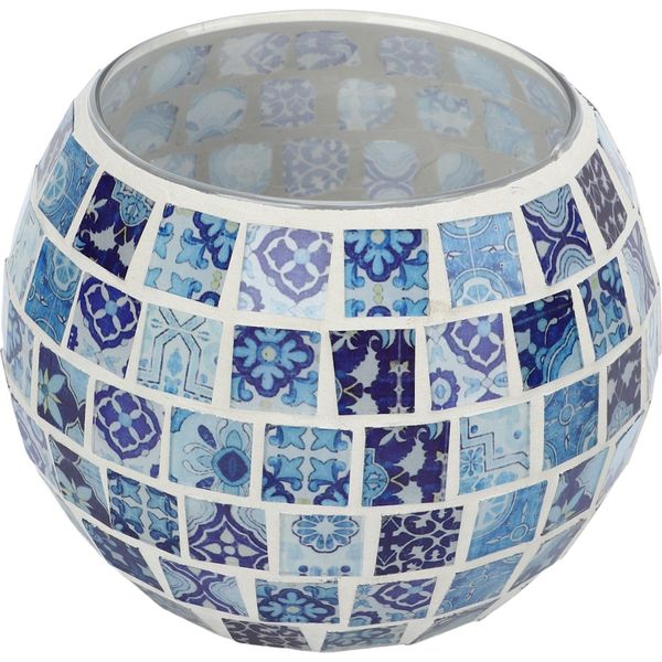Portacandele In Vetro Blu E Bianco A Mosaico Con Motivo Floreale Caldo E Romantico, Realizzato A Mano-image