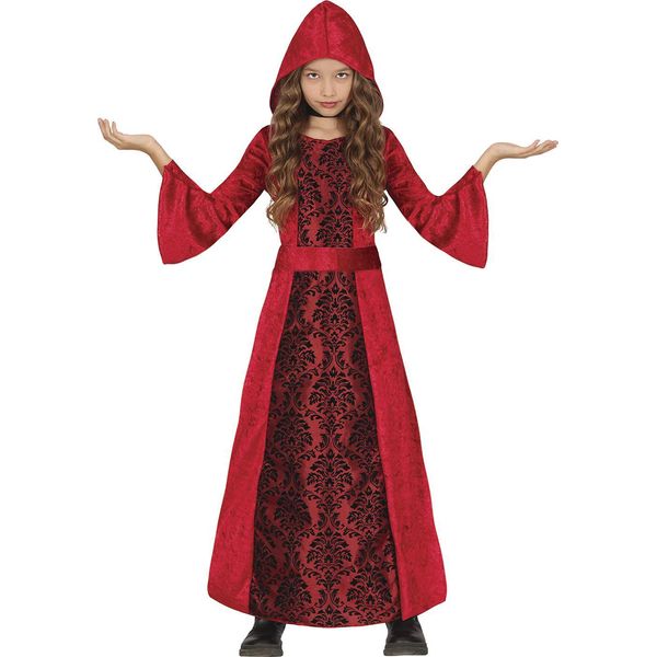 Principessa Medievale Con Cappuccio Tunica Cintura Costume Halloween Capo Rosso, Taglia: 110/116 Colore: Rosso-image