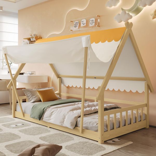 Letto Per Bambini Merax 90X200Cm Con Doghe Stabili, Letto A Casetta In Legno Con Tenda Rimovibile, Ringhiera Di Sicurezza, Letto Singolo In Pino + Compensato, Naturale-image