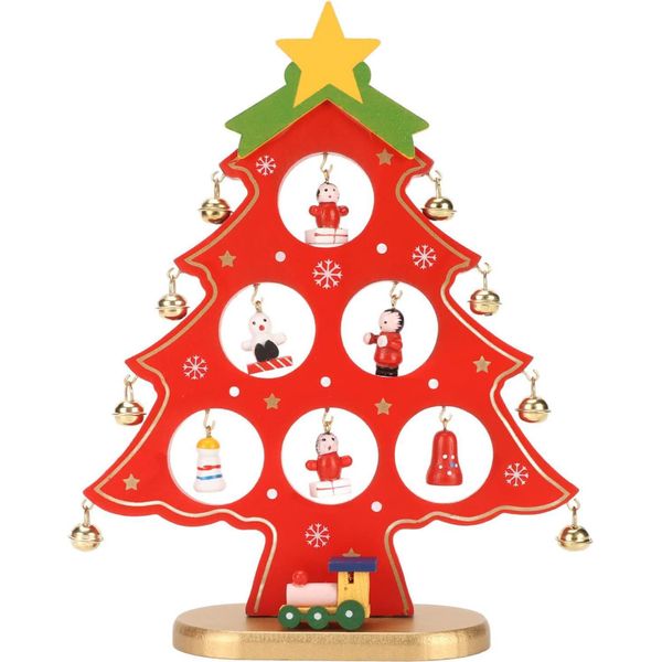 Albero Di Natale In Legno Decorazione Da Tavolo Con Mini Ornamenti Per Ornamento Rosso-image