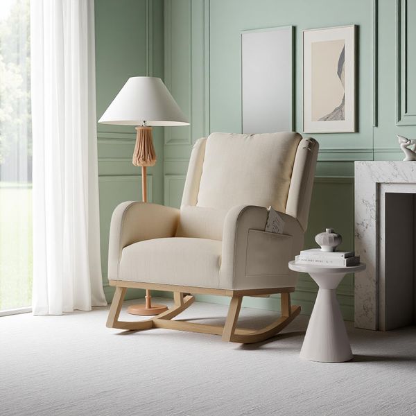 Sedia A Dondolo In Lino Di Cotone Beige Con Tasche Laterali, Schienale Imbottito, Cuscino E Piedini Silenziosi-image