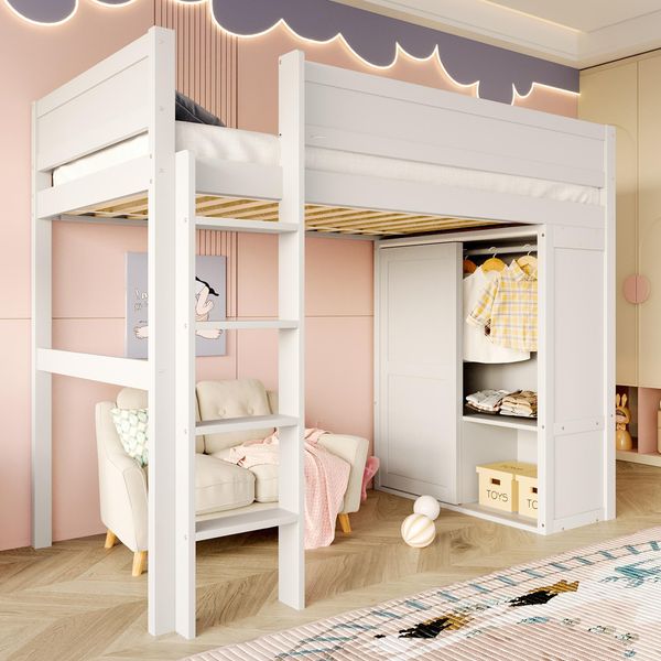 Letto A Soppalco Sweiko 90X200Cm, Versatile Letto Per Bambini, Dotato Di Armadio, Vano Contenitore, Spazio Aperto Sotto Il Letto, Senza Materasso, Legno Di Pino, Bianco-image