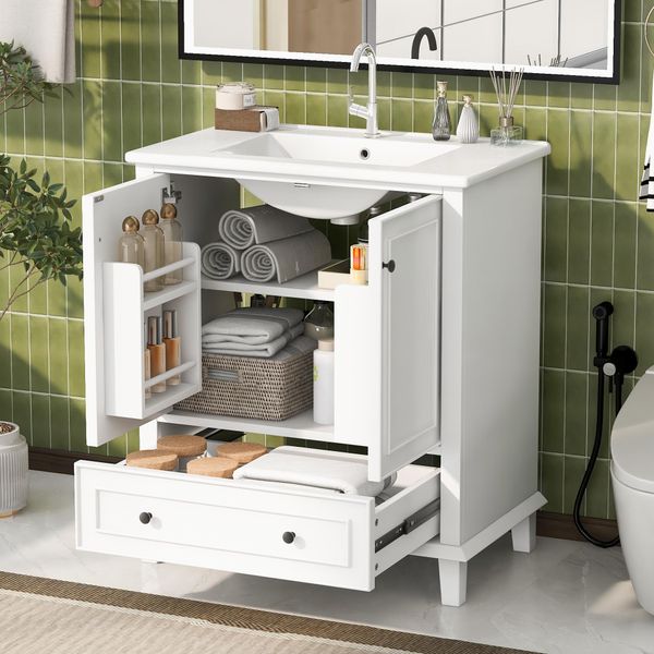 Mobile Da Bagno A Terra Sweiko 76X46X87Cm Con Lavabo, Mobile Vanity, Gambe In Legno Massiccio, Completamente Laccato, Resistente All'umidità E All'acqua, Ampio Spazio Di Archiviazione, Lavabo In Ceramica Integrato, Bianco-image