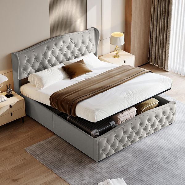 Letto Imbottito Con Contenitore 140X200 Cm, Testata, Rete A Doghe, Velluto, Grigio, Design Moderno, Ideale Per Camere Da Letto, Funzionale Ed Elegante-image