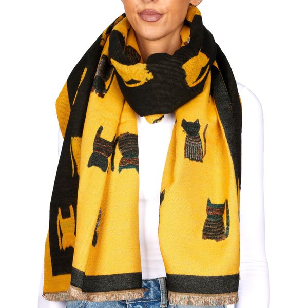 Brubaker Cashmirillo Sciarpa Da Donna Con Motivo A Gatto - 70 X 200 Cm - Calda E Accogliente - Sciarpa Da Donna Per L'autunno E L'inverno, Giallo-image