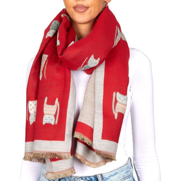 Sciarpa Da Donna Brubaker Cashmirillo Con Motivo A Gatto - 70 X 200 Cm - Calda E Accogliente - Sciarpa Da Donna Per L'autunno E L'inverno, Rosso-image