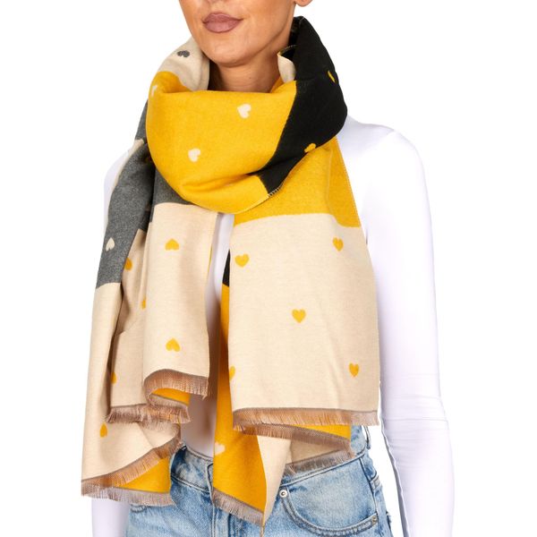 Sciarpa Da Donna Brubaker Cashmirillo Con Motivo A Cuore - 70 X 200 Cm - Calda, Accogliente E Oversize - Sciarpa Da Donna Per L'autunno E L'inverno, Giallo, Grigio E Nero-image