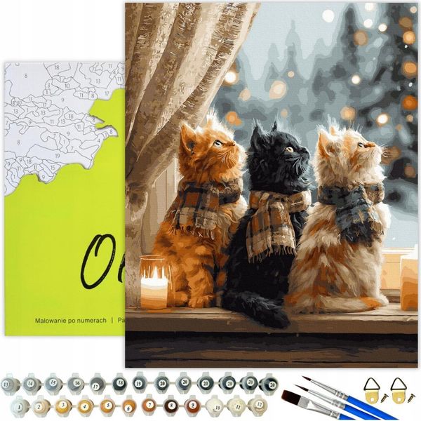 Dipingere Con I Numeri Adulti E Bambini Animali Gatti Inverno 50X40 - 34 Colori Acrilici, Tela Con Telaio In Legno, 3 Pennelli E Accessori Oh Art!-image