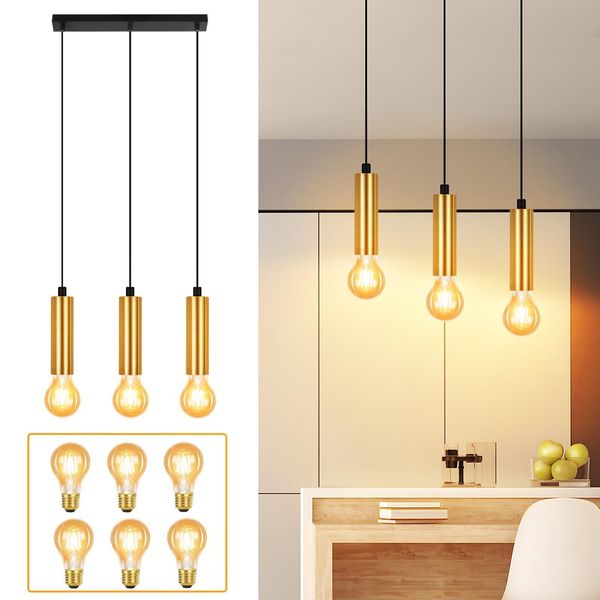 Zmh Lampada A Sospensione Oro 3 Fiamme Lampada A Sospensione Tavolo Da Pranzo E27 Lampada Sala Da Pranzo Vitange Metallo Lampada Cucina Appeso Lampada Soggiorno Camera Da Letto-image