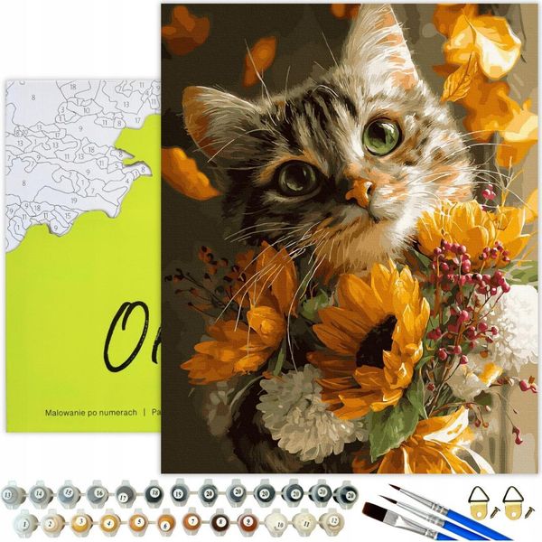 Dipingere Con I Numeri Adulti E Bambini Animali Gatto Girasoli 50X40 - 40 Colori Acrilici, Tela Con Telaio In Legno, 3 Pennelli E Accessori Oh Art!-image