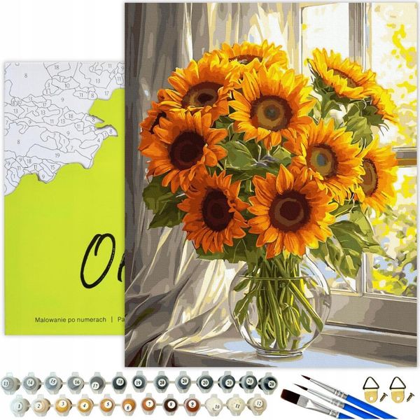 Pittura Per Numeri Adulti Fiori Girasoli Finestra 50X40 - 33 Colori Acrilici, Tela Con Telaio In Legno, 3 Pennelli E Accessori Oh Art!-image
