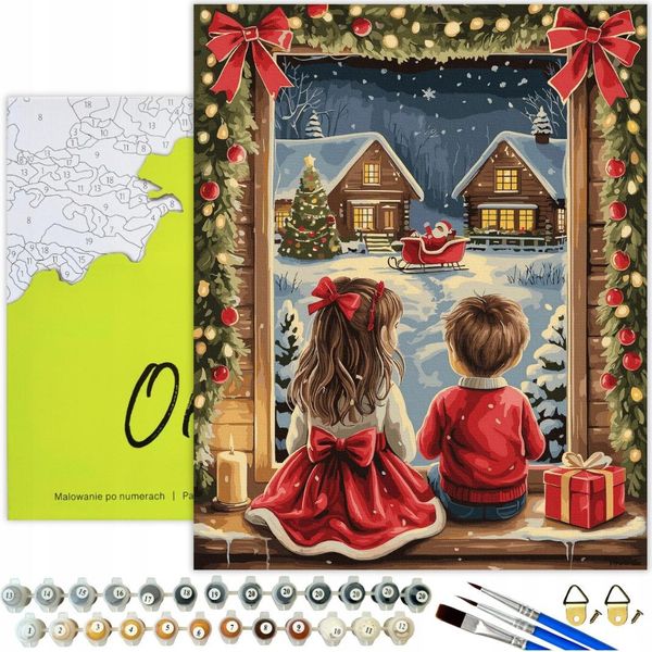 Pittura Per Numeri Adulti Natale Inverno Meraviglia 50X40 - 33 Colori Acrilici, Tela Con Telaio In Legno, 3 Pennelli E Accessori Oh Art!-image