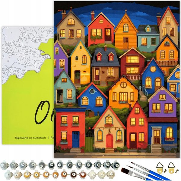 Pittura Per Numeri Adulti Città Case Colorate 50X40 - 32 Colori Acrilici, Tela Con Telaio In Legno, 3 Pennelli E Accessori Oh Art!-image