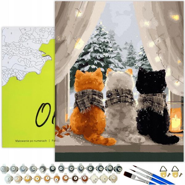 Dipingere Con I Numeri Adulti E Bambini Animali Gatti Finestra 50X40 - 32 Colori Acrilici, Tela Con Telaio In Legno, 3 Pennelli E Accessori Oh Art!-image