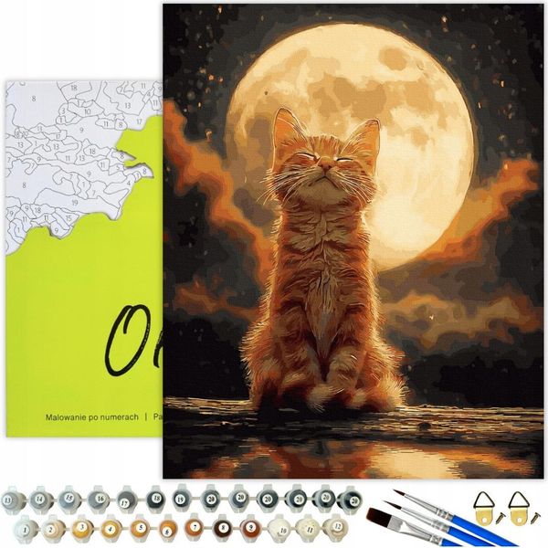 Dipingere Con I Numeri Adulti E Bambini Animali Gatto Chiaro Di Luna 50X40 - 34 Colori Acrilici, Tela Con Telaio In Legno, 3 Pennelli, Accessori, Vernice Dorata Oh Art!-image