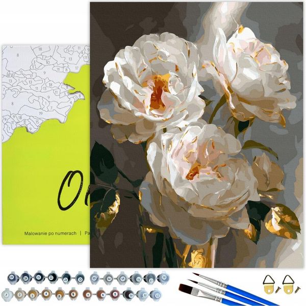 Pittura Per Numeri Adulti Fiori Peonie Bianco 50X40 - 32 Colori Acrilici, Tela Con Telaio In Legno, 3 Pennelli, Accessori, Vernice Oro Oh Art!-image