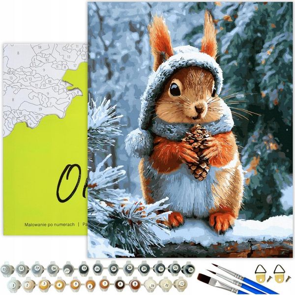 Dipingere Con I Numeri Adulti E Bambini Animali Scoiattoli Inverno 50X40 - 32 Colori Acrilici, Tela Con Telaio In Legno, 3 Pennelli E Accessori Oh Art!-image