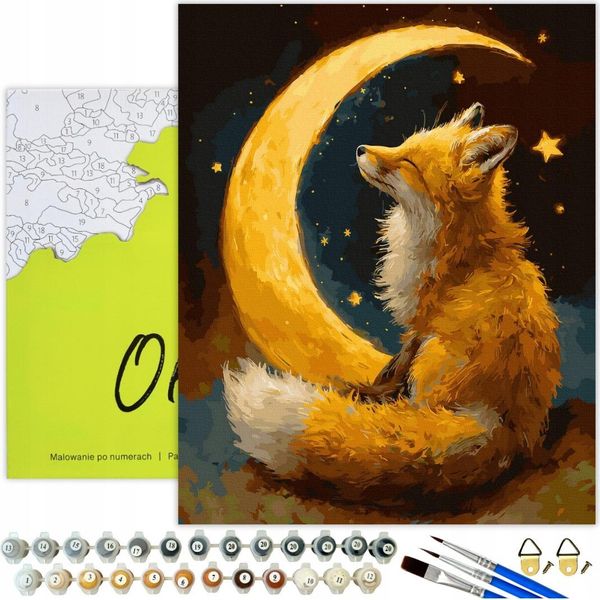 Dipingere Con I Numeri Adulti E Bambini Animali Volpe Notte Luna 50X40 - 33 Colori Acrilici, Tela Con Telaio In Legno, 3 Pennelli, Accessori, Vernice Dorata Oh Art!-image
