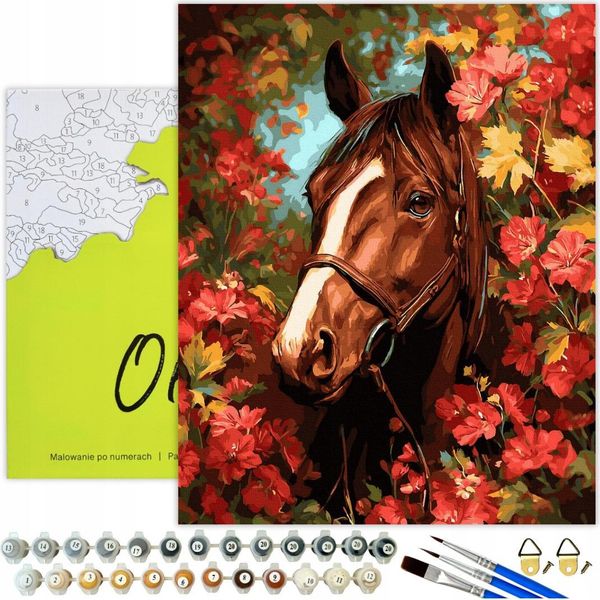 Pittura Per Numeri Adulti Animali Cavallo Fiori 50X40 - 30 Colori Acrilici, Tela Con Telaio In Legno, 3 Pennelli E Accessori Oh Art!-image