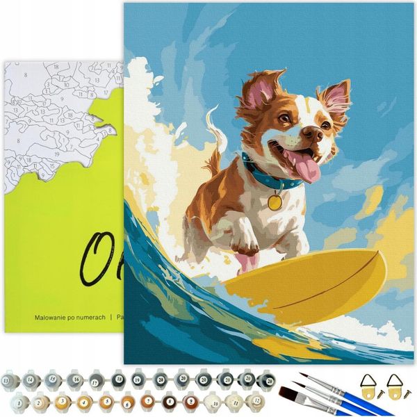 Dipingere Con I Numeri Adulti E Bambini Animali Cane Surfista 50X40 - 31 Colori Acrilici, Tela Con Telaio In Legno, 3 Pennelli E Accessori Oh Art!-image