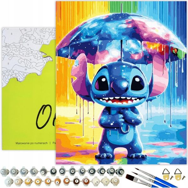 Pittura Con I Numeri Per Bambini Cartoon Stitch Rain 50X40 - 29 Colori Acrilici, Tela Con Telaio In Legno, 3 Pennelli E Accessori Oh Art!-image