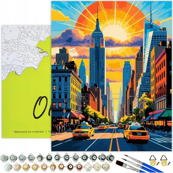 Pittura Per Numeri Adulti City Of New York Sunrise 50X40 - 31 Colori Acrilici, Tela Con Telaio In Legno, 3 Pennelli E Accessori Oh Art!-image