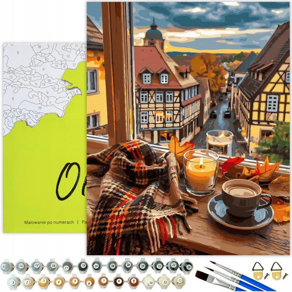 Pittura Per Numeri Adulti Caffè Mattina D'autunno 50X40 - 31 Colori Acrilici, Tela Con Telaio In Legno, 3 Pennelli E Accessori Oh Art!-image