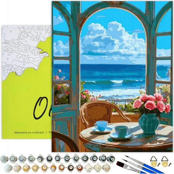 Pittura Per Numeri Adulti Paesaggio Mare Mattina 50X40 - 32 Colori Acrilici, Tela Con Telaio In Legno, 3 Pennelli E Accessori Oh Art!-image