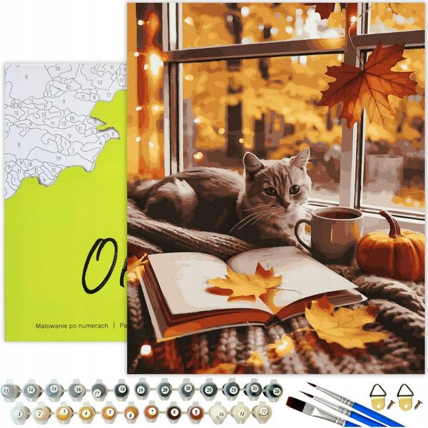 Dipingere Con I Numeri Adulti E Bambini Animali Gatto Autunno 50X40 - 29 Colori Acrilici, Tela Con Telaio In Legno, 3 Pennelli E Accessori Oh Art!-image