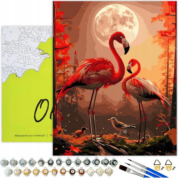 Dipingere Con I Numeri Adulti E Bambini Animali Fenicottero Luna 50X40 - 29 Colori Acrilici, Tela Con Telaio In Legno, 3 Pennelli E Accessori Oh Art!-image