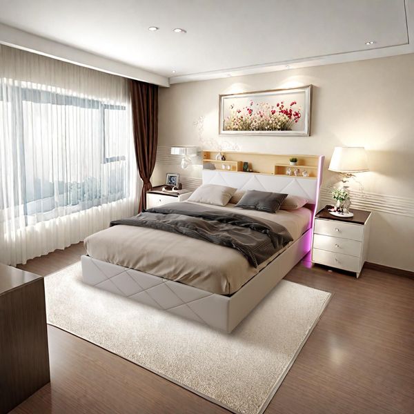 Letto Idraulico Proximax 140×200 Cm - Finto Cuoio Bianca, Testata Con Vano Portaoggetti, Connessione Led E Usb, Box Letto Sotto Il Piano Di Appoggio - Ideale Per La Camera Da Letto-image