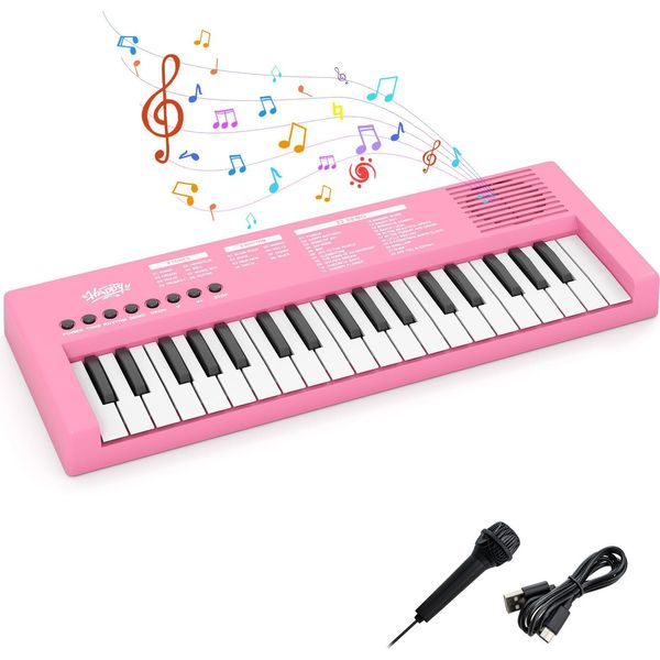 Tastiera Per Pianoforte Per Bambini Costway, Pianoforte Elettrico A 37 Tasti Con Microfono, 8 Ritmi, 8 Colori Sonori E 22 Demo Per Bambini Dai 3 Anni In Su, Rosa-image