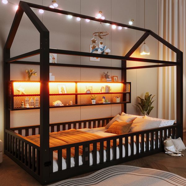 Letto Per Bambini Merax 90X200 Cm, Letto A Piattaforma A Forma Di Casa Con Illuminazione A Led, Recinzione Di Sicurezza, Ripiani, Letto Per Ragazzi In Metallo, Letto Da Terra, Letto In Ferro, Nero-image