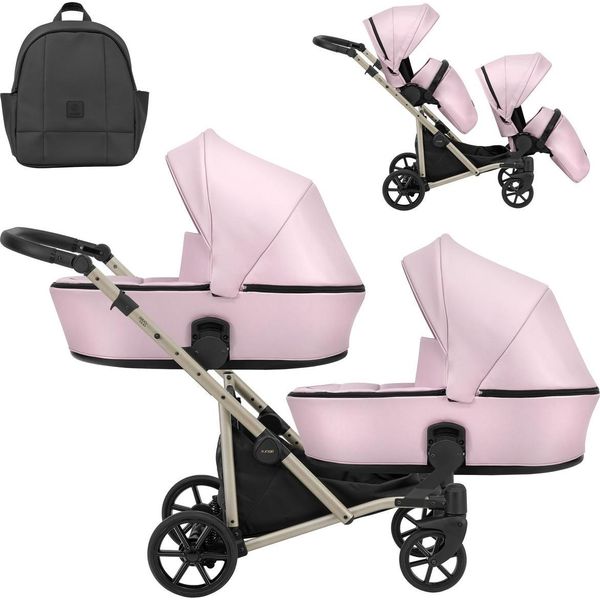 Carrozzina Doppia Kunert Brav Duo 2In1 In Ecopelle Rosa Baby Con Ruote In Gel E Telaio Champagne-image