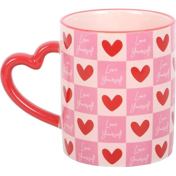 Something Different - Tazza Da Caffè "Love Yourself"", A Scacchi, Cuori SD10725 (Taglia Unica) (Bianco/Rosa/Rosso)"-image