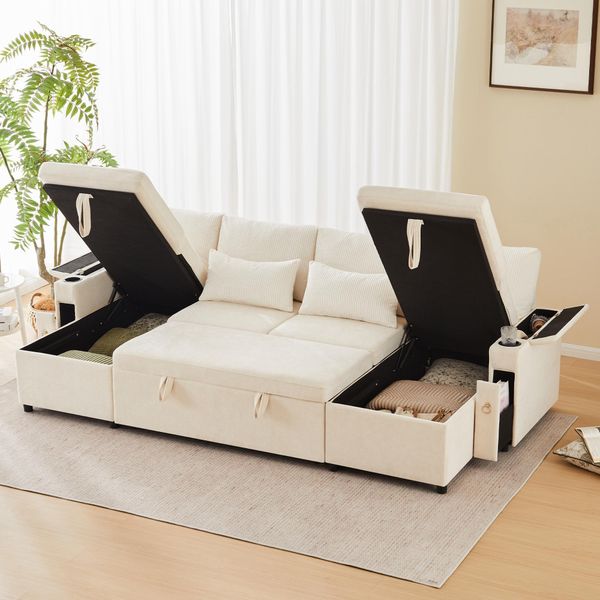 Divano Angolare Merax, Divano Letto A U A 4 Posti, Divano Trasformabile Con Base Letto, Funzione Letto, Cuscini, Set Divano, Divano In Ciniglia, Beige-image