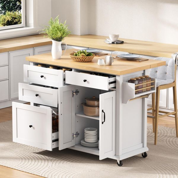 Carrello Da Cucina A Isola Merax, Con Piano Di Lavoro Estensibile Su Rotelle, Cassetti Multifunzionali, Carrello Da Cucina Mobile Per Sala Da Pranzo, Bianco+Naturale-image