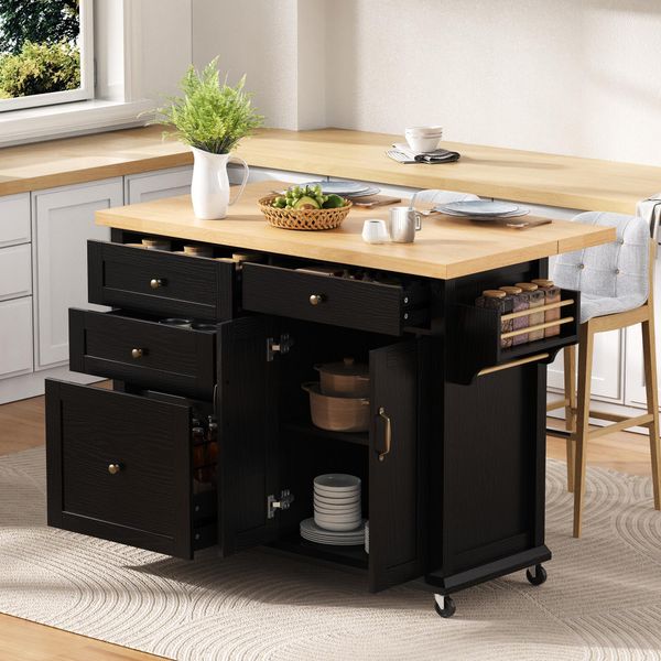 Carrello Da Cucina A Isola Merax, Con Piano Di Lavoro Estensibile Su Rotelle, Cassetti Multifunzionali, Carrello Da Cucina Mobile Per Sala Da Pranzo, Nero+Naturale-image