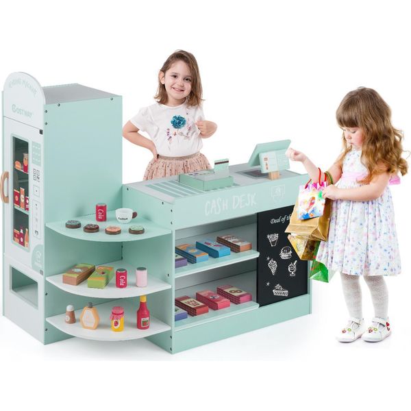 Costway Negozio In Legno Per Bambini Con Bancone, Registratore Di Cassa, Sistema Di Cassa, Distributore Automatico, Lavagna E Scaffali, Divertente Set Da Supermercato Per Bambini 3-8 Anni, Verde-image