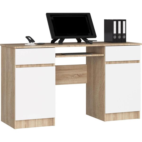 Scrivania Sonoma Rovere Con Cassetti E Tastiera Estraibile Dettagli Bianchi 135 Cm-image
