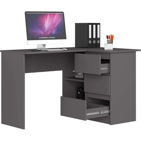 Scrivania Ad Angolo B16 In Grafite Grigio 124 Cm Con 3 Cassetti E 2 Ripiani-image