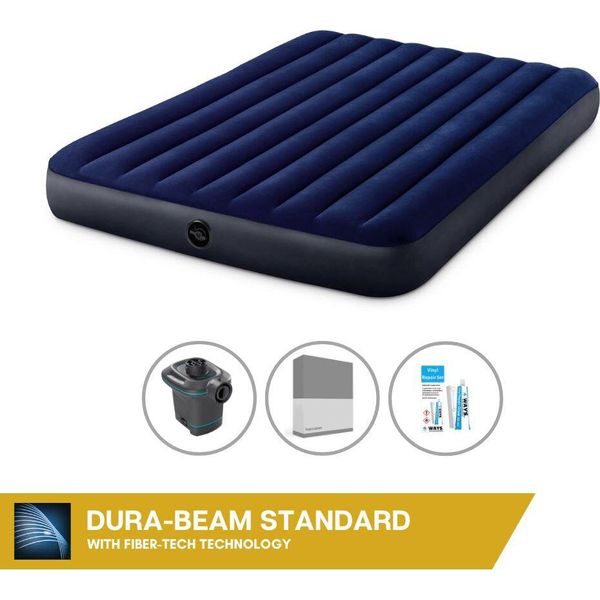 Letto Gonfiabile Intex - 2 Persone - 152 X 203 X 25 Cm Cm - Blu + Pompa Elettrica Intex - 650 Litri/Min + Lenzuolo Di Ricambio Antracite + Kit Di Riparazione-image