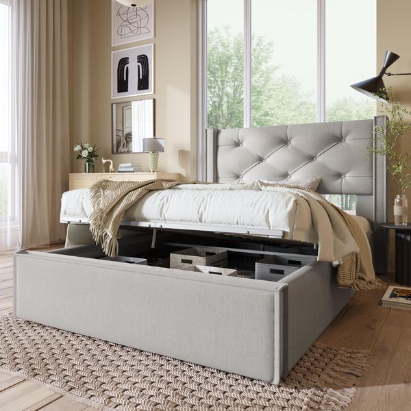 Letto A Molle Sweiko Letto Imbottito Con Testiera E Rete A Doghe, Funzione Contenitore Letto 90X200Cm, Cotone, Grigio Chiaro (Senza Materasso)-image