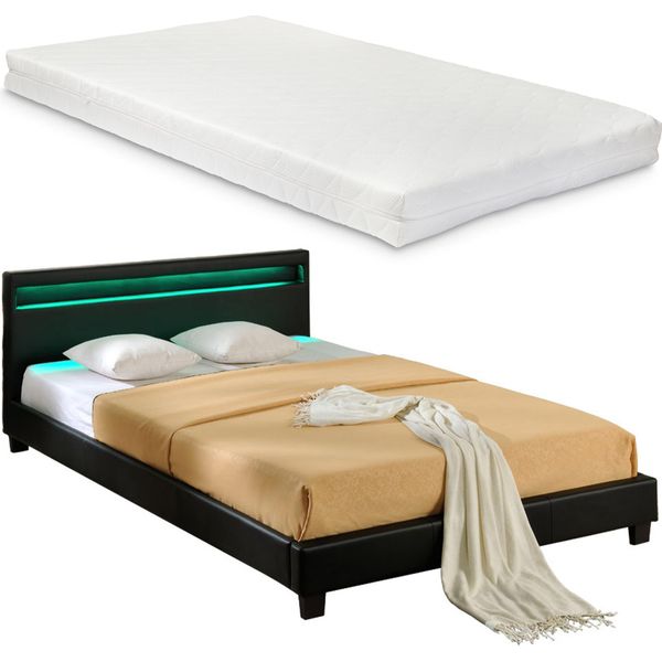 Led Design Letto + Materasso 140 X 200 Cm Ecopelle Nera Rivestimento Corium-image