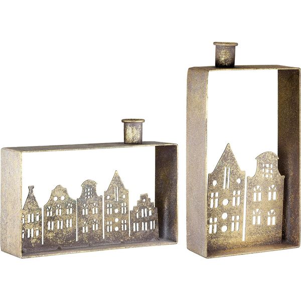 Gilde Kerzenleuchter, Rechteckig, "HäUserreihe"", Hausmotiv, Metall, Goldfarben, , , L. 5 Cm, B. 21 Cm, H. 24 Cm 2 StüCk Wie Abgebildet 69849"-image