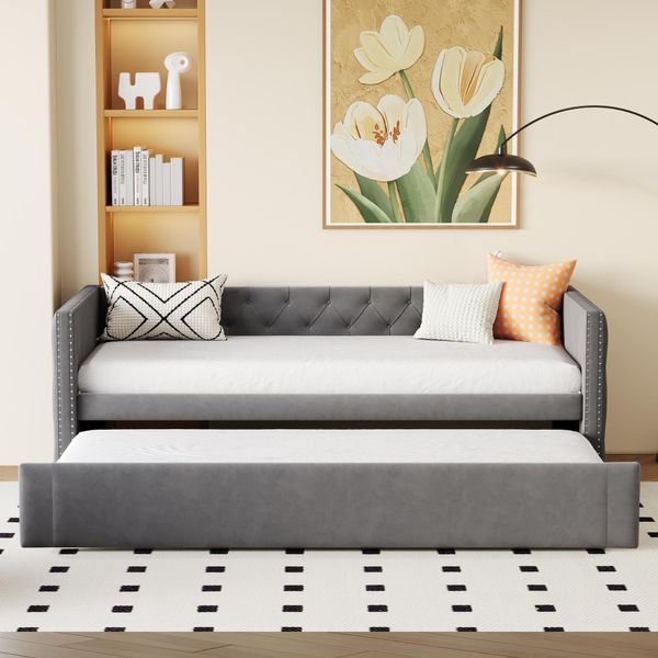 Flieks Letto Imbottito Divano Letto 90X200Cm Con Letto Estraibile 90X190Cm, Letto Da Giorno Letto Funzionale Divano Letto Con Rete A Doghe, Letto Per Ragazzi Letto Per Bambini Letto In Legno, Velluto-image