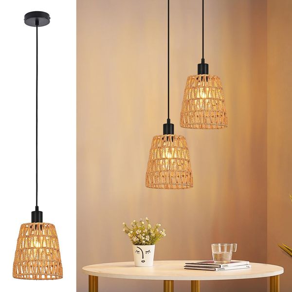 Zmh Lampada A Sospensione Boho Luce A Sospensione Rattan 1 Fiamma Tavolo Da Pranzo Lampada A Sospensione Vintage Intrecciata Paralume Corda Di Canapa E27 Lampada A Sospensione Per Sala Da Pranzo-image