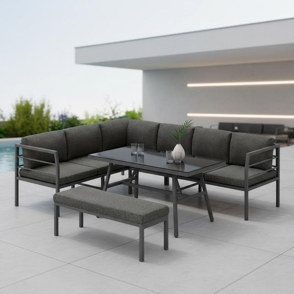 Mucola Set Da Pranzo Divano Angolare In Alluminio Con Panca Tavolo Grigio Resistente Alle Intemperie Oasi Relax Mobili Da Giardino Set Angolare Divano Mobili Da Esterno-image