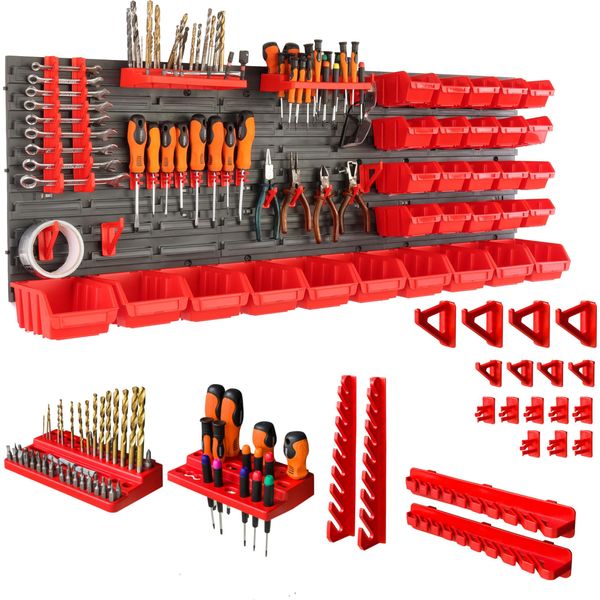 Pannello Porta Attrezzi + 30 Scatole E Supporti 116X39 Cm Per Officina Garage-image